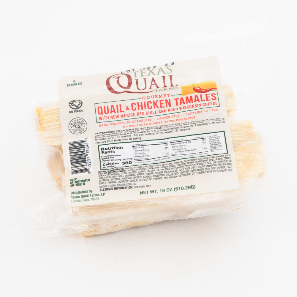 New Mexico Red Chile & Aged Wisconsin Cheddar Cheese Quail Tamales - package